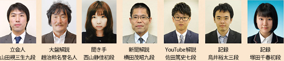 立会=山田規三生九段、大盤解説=趙治勲名誉名人、聞き手=西山静佳初段、新聞解説=横田成昭九段、ユーチューブ解説=佐田篤史七段、記録=鳥井裕太三段、塚田千春初段